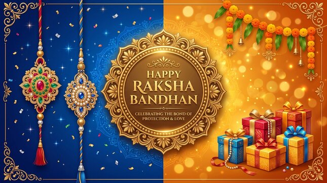 Happy Raksha Bandhan Festive Vector Background with Traditional Rakhi, Elegant Gift Boxes, and Marigold Toran Garland on Blue and Yellow Mandala ... 