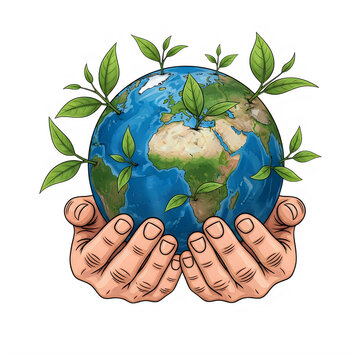Hands holding a blue earth globe with green leaves pixel art