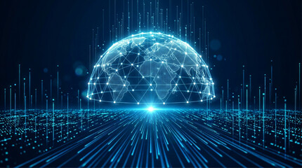 Glowing Digital Globe Dome with Rising Data Light Rays Background © Shamim