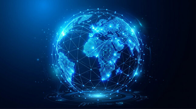 Futuristic Digital Globe with Glowing Node Network and Hologram Base