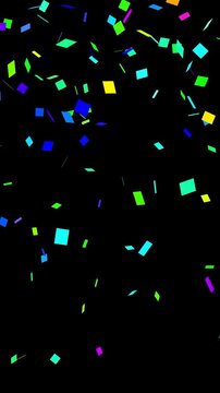 Vertical colourful confetti party popper explosions on black screen, fireworks confetti blast realistic on transparent background overlay for festive birthday celebration video,  mobile version