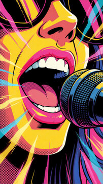 karaoke active woman singing into microphone in pop art style illustration