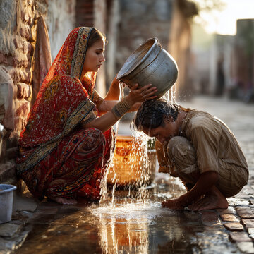 AI generator images of Indian values ​​and culture regarding "water" are deeply profound and intertwined with daily life and religion; offering water to others is considered a supreme act of charity 