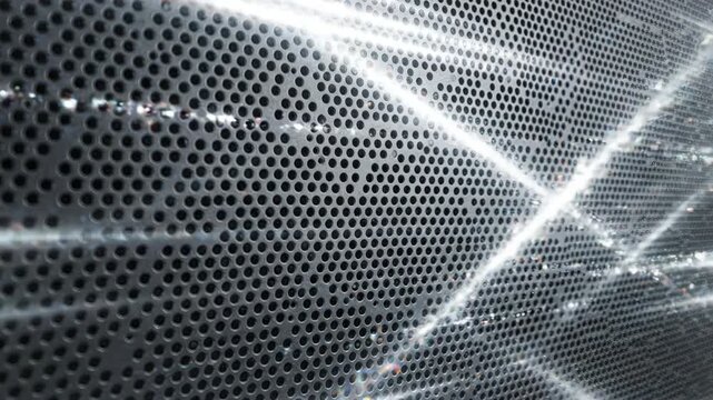 Seamlessly looping abstract motion graphic of bright white light streaks rapidly reflecting across a sleek perforated metal screen background