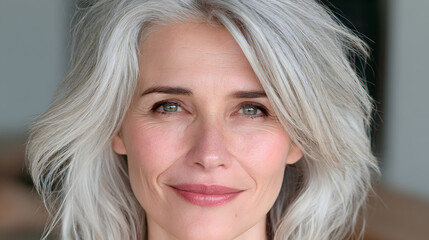 Naklejka premium A detailed shot of a composed mature woman with gray hair, a gentle smile, natural skincare, and a muted indoor backdrop