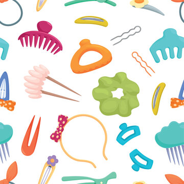 Bright hair pins seamless pattern. Different colorful headband, decorative hairpin for children, bow. Stylish print for backdrop, fabric, vector background