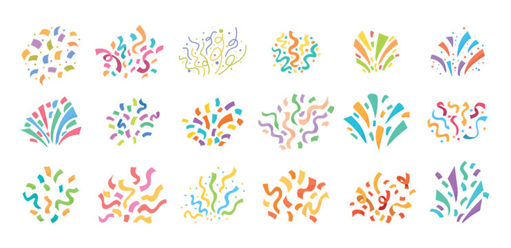 Colorful confetti compositions. Different paper streamers and sparkles flying, holiday filling for firecrackers. Festive decor for cards, banners, vector clipart
