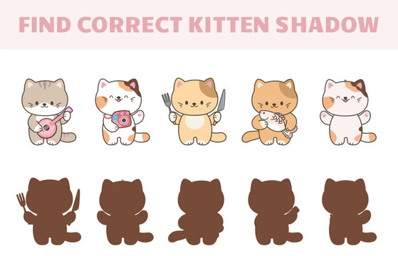 Find correct shadow children play with kawaii style kittens. Cartoon cats, cute kitten stickers. Educational simple game for toddlers, vector template