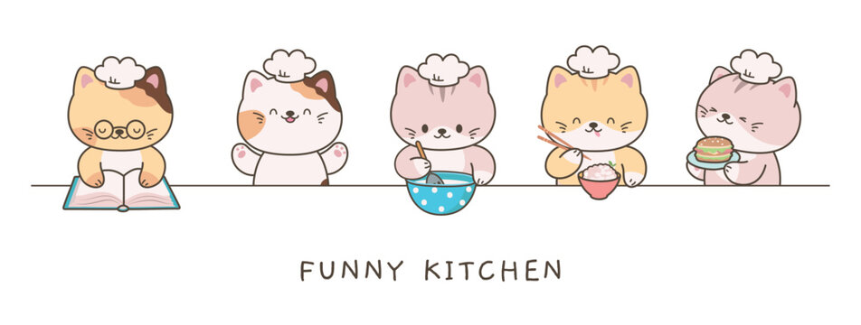 Funny kittens chefs banner. Cartoon kawaii cats cooking and eating. Kitten on kitchen, cute fun poster ot print. Chef with bowl, burger, reading culinary book, vector design