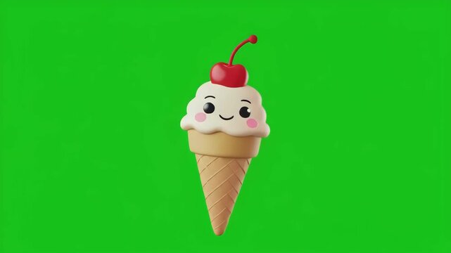 Whimsical ice cream cones with cherry topping dancing in playful motion against a vibrant green screen background