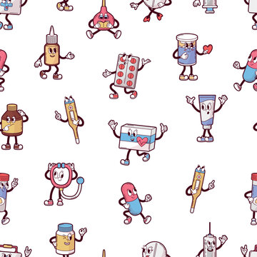 Funny pills characters. Medications seamless pattern, groovy drugs, tubes, first aid kit box. Medicine print for fabric, backdrop, banners, vector background
