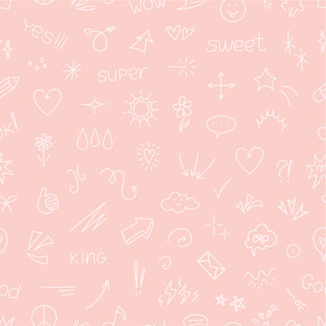 Funny simple elements seamless pattern. Decorative texture with arrows, hearts, clouds, flowers and motivational inscriptions. Print template vector background