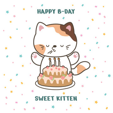 Happy birthday sweet kitten printable postcard. Funny kawaii cat with birthday cake with candles. Adorable print, poster, banner. Celebrating vector design