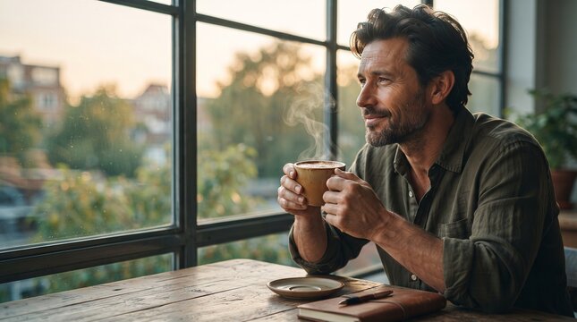 Man enjoying a hot beverage while sitting at a table by the window for International Men's Day