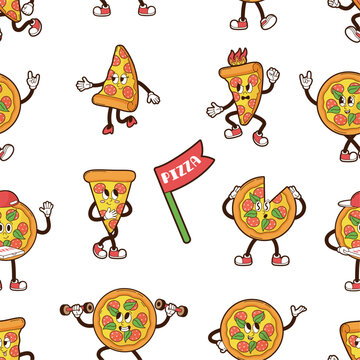 Pizza seamless pattern. Groovy pizza characters, funny italian food symbols. Restaurant, pizzeria, cafe. Print for fabric, wallpaper, web backdrop, vector background
