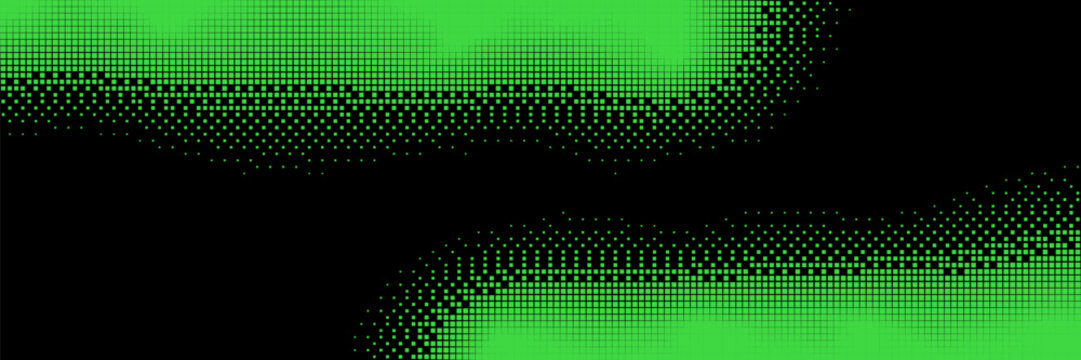 Green bitmap pixel background with gradient pattern effect. 8bit texture with disintegration and glitch.