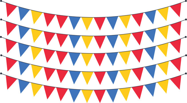 Colorful triangular pennant banner with red, yellow, and blue flags.