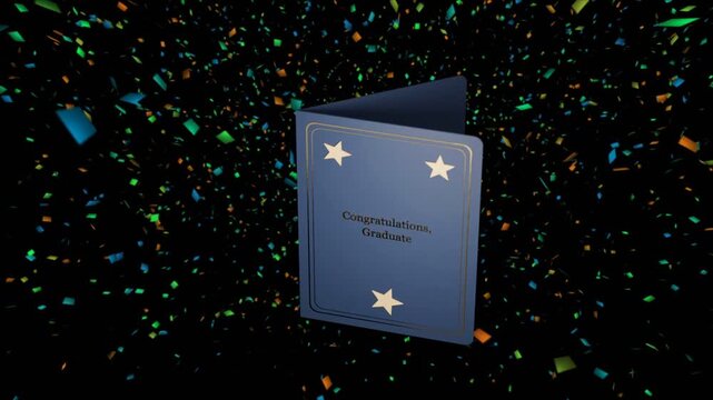 Confetti drifting while card rotating and opening, navy card revealing gold text and blank inside