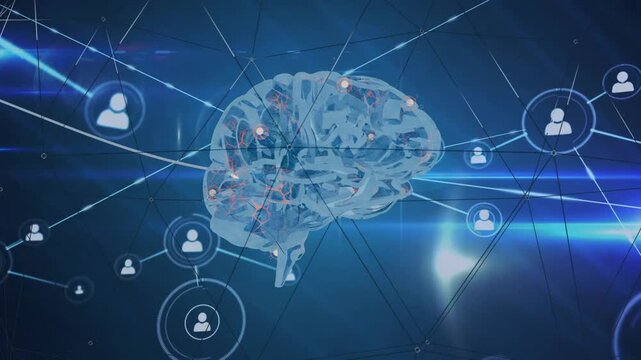 3D brain pulsing, sending lines and forming growing network of profile icons to link users