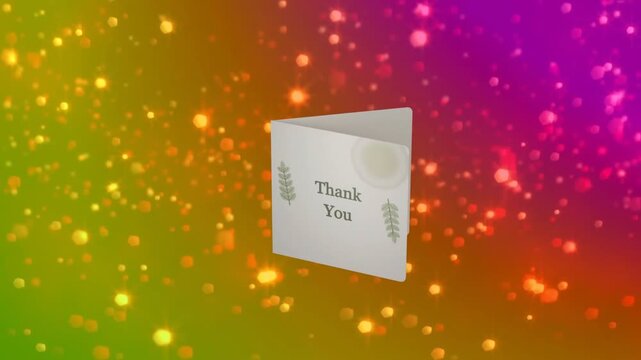 When animation starts card floating, rotating and opening to reveal Thank You interior for display