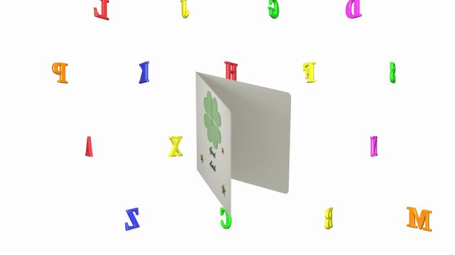 Start frame showing clover causing card rotating open while 3D letters orbiting, revealing interior