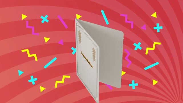 On start card rotating and opening camera shifting confetti floating revealing blank inside panels