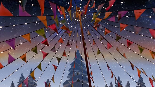 Falling snow starting central pole bunting and lights swaying and sparkling creating festive canopy