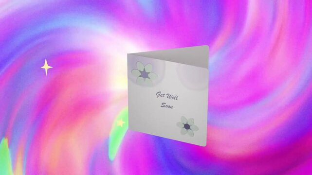 Card reading Get Well Soon rotating opening after sparkles appearing over swirl revealing interior