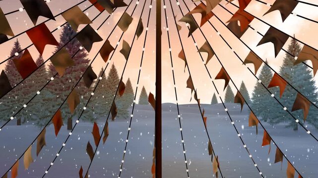Breeze rising radial flags flapping around center pole, lights glowing, snow falling evoking warmth