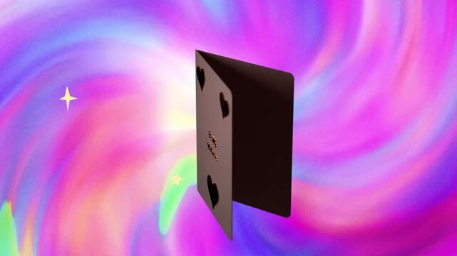 Sparkles popping, 3D greeting card rotating and opening, revealing embossed text over rainbow swirl