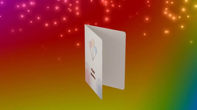 On animation start folded greeting card rotating and opening to reveal birthday interior panels