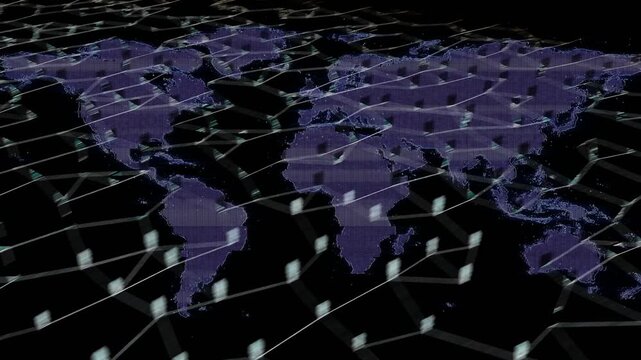 Faint purple lines rising, map meshing, icons and pins rising, camera tilting, showing network