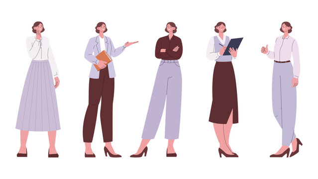 Stylish business woman. Office manager in different outfits. Trendy fashion girl wearing different blouses, t-shirt, skirt and pants. Work week clothes, vector character