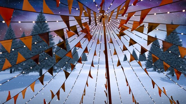 Wind rising, radial canopy swaying, pennants flapping and bulbs twinkling, snow falling for cheer