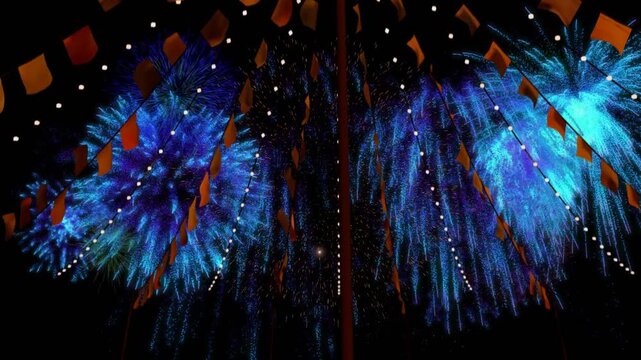 Launchers firing shells, cyan fireworks forming canopy over mast with lit flags for festival