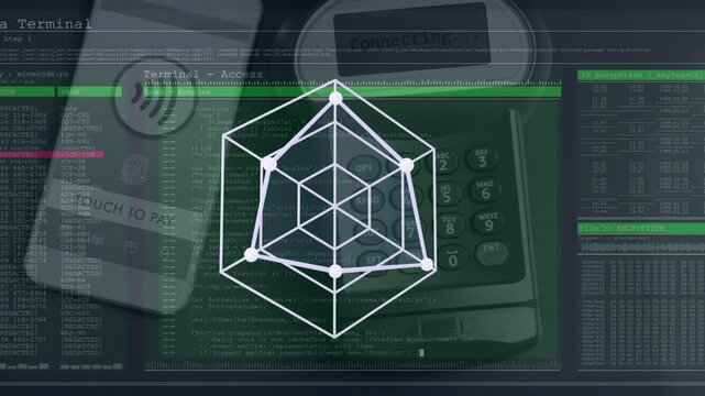 Touch-to-pay prompt starting while wireframe logo animating nodes and edges, reaching progress 92
