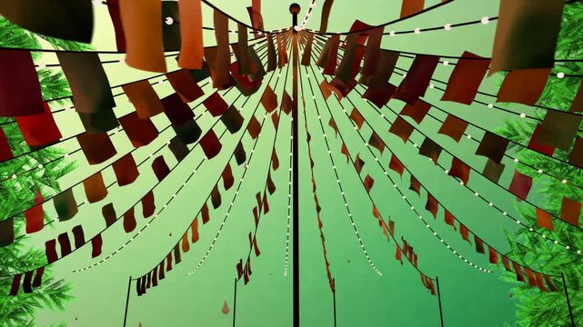 Canopy of fabric flags and strings swaying from light breeze, forming festive overhead display