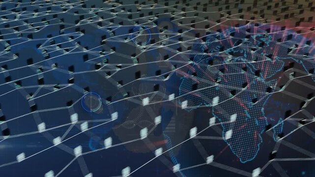 Dotted map appearing, globe expanding and forming icon mesh, showing global connectivity