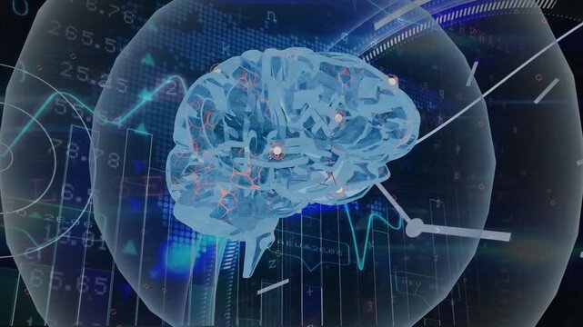 ECG pulse sparking hologram brain rotating, pulsing, nodes glowing, data flow shifting for analysis