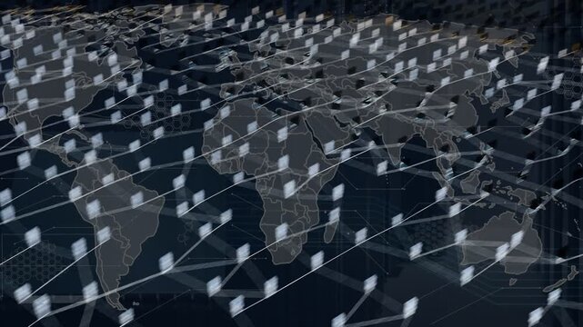 Single silhouette glowing up walking line, spawning nodes and expanding mesh showing global network