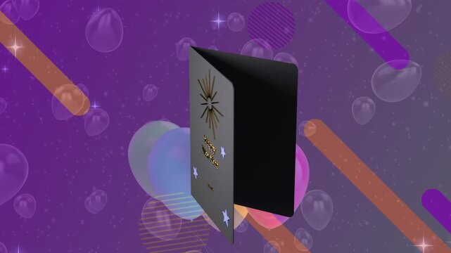 Black 3D card floating into view, rotating and opening to reveal blank interior for New Year