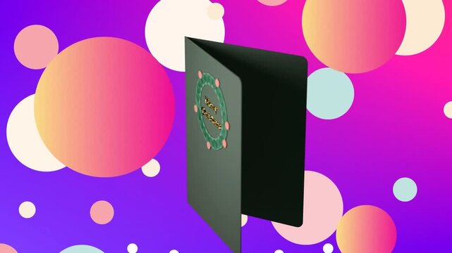 On appearing, green folded greeting card rotating clockwise and opening to display interior spread