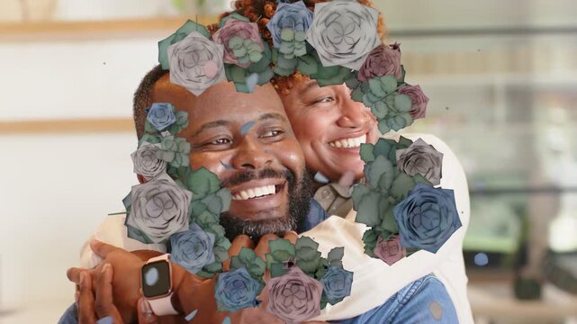 Man and woman hugging, floral graphic starting and growing into wreath, framing faces for marketing