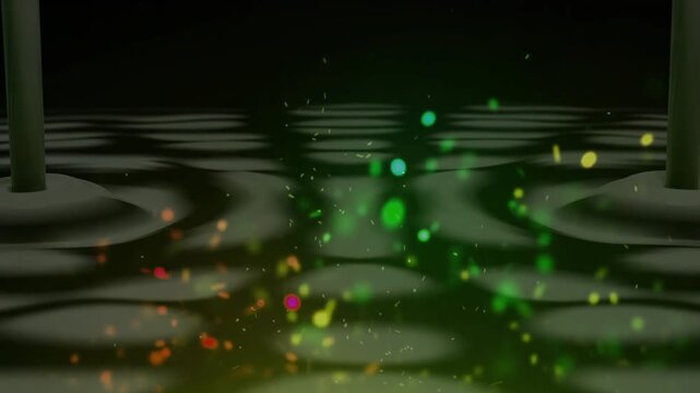 Posts emerging making ripples while specks drifting and clumping, forming overlap wave in 3D