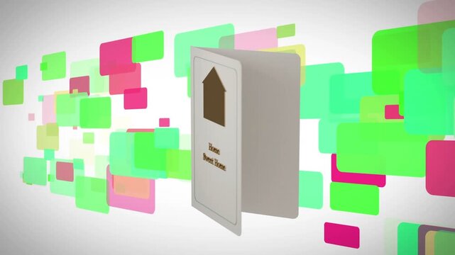 Folded card with gold house rotating after soft tilt, opening revealing blank interiors for mockup