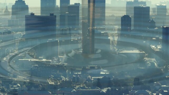Central tower sending expanding ripple rings after faint distortion, signaling across hazy skyline