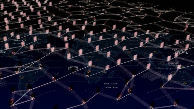 Global network forming on map, gold icon starting radial lines adding pink icons forming dense grid