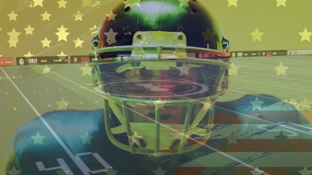 Football player holding gaze as overlay starting and field lines, stars sliding across visor