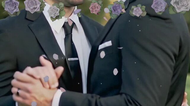 Music cue starting, tuxedoed partners slowly swaying and interlacing hands, celebrating wedding