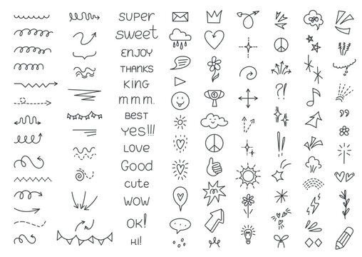 Tiny design elements. Asian style decorative objects for design, planners, diary, notebooks. Cute symbols, hearts, line dividers and arrows, vector clipart